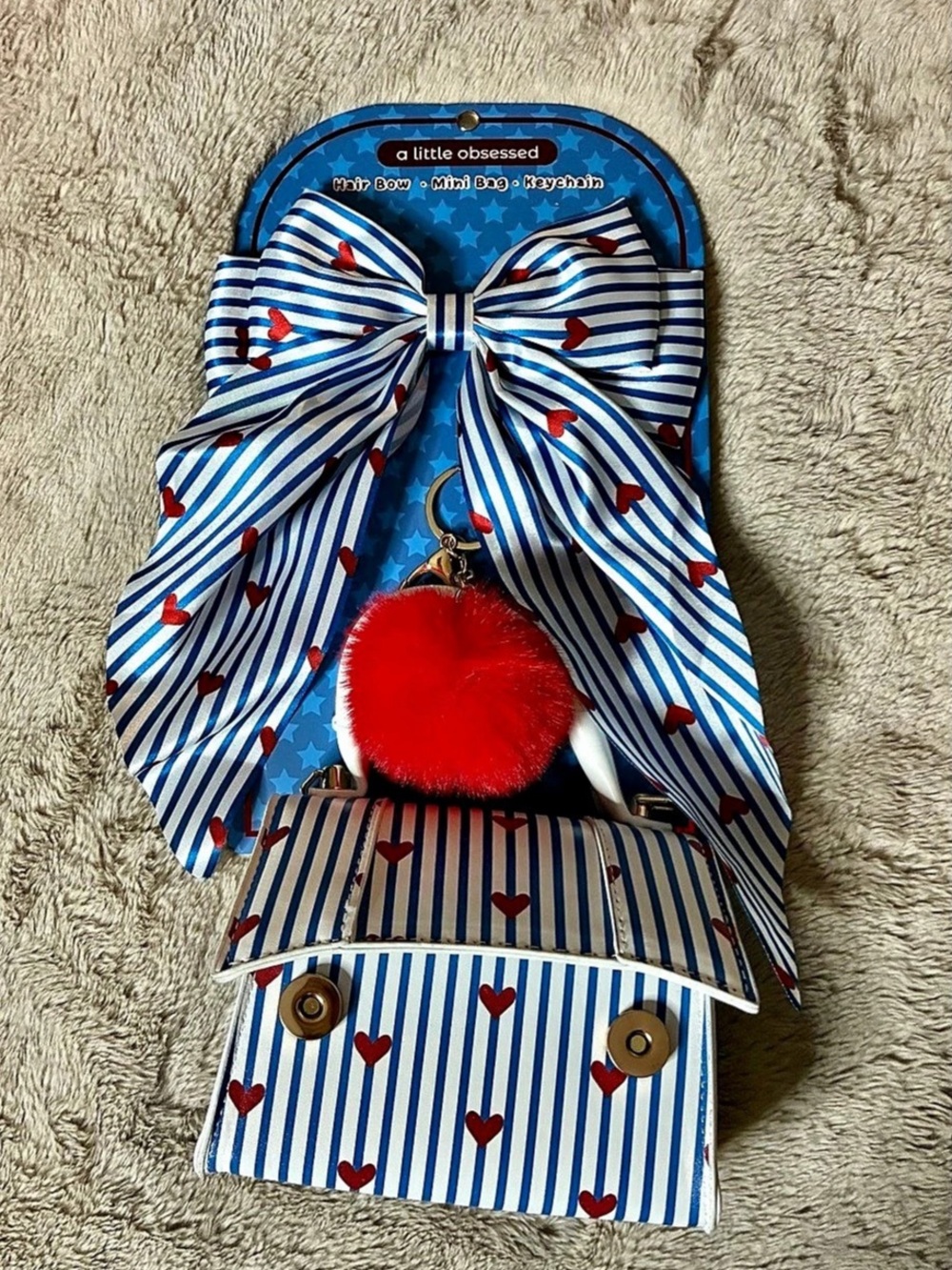 Striped Bow/ Mini Purse in Blue & White. A Little obsessed Brand. NEW